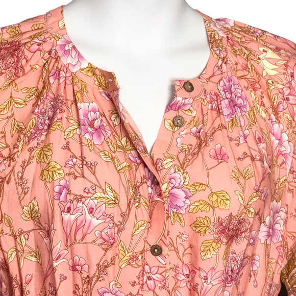 UMGEE Floral Short Dress Rose Gold Tassel Belt 3/4 Puff Sleeve Boho Flowy Large - Picture 4 of 11